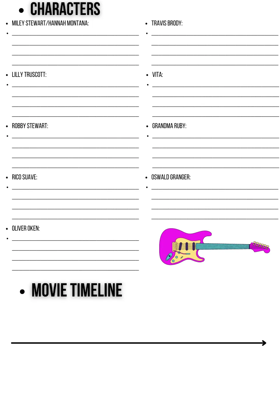 Movie characters: students write notes on nine characters, from Miley and Lilly to Oswald, and begin a timeline