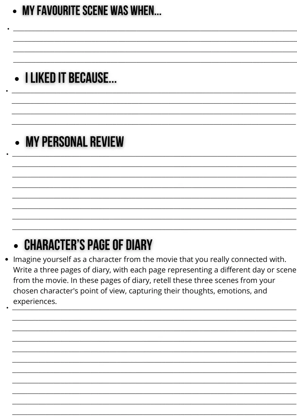 Movie response writing: students finish favourite scene and liked-it-because prompts, write a review and a diary page