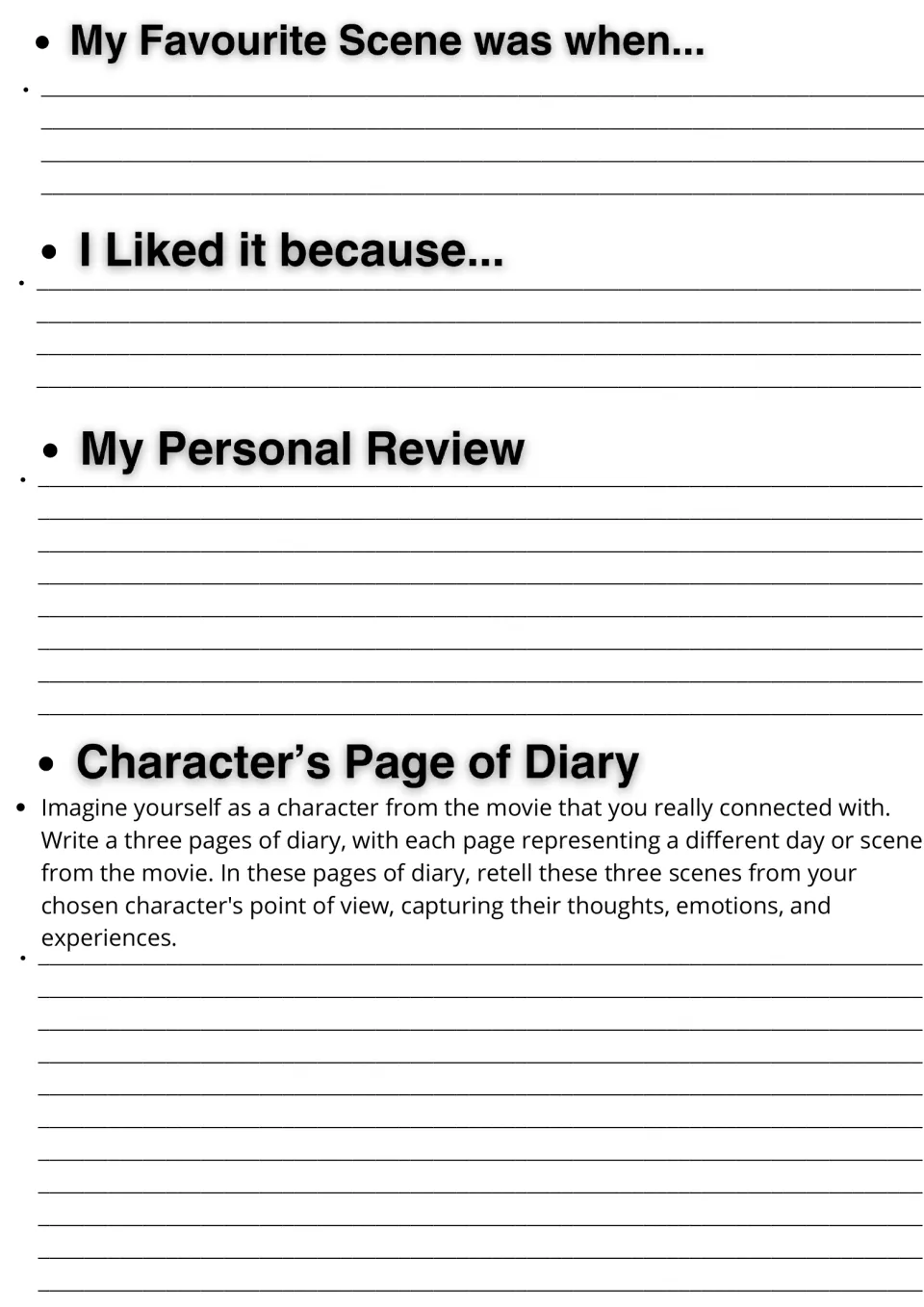 Film response writing: students describe a favourite scene, say why they liked it, write a review and a character's diary