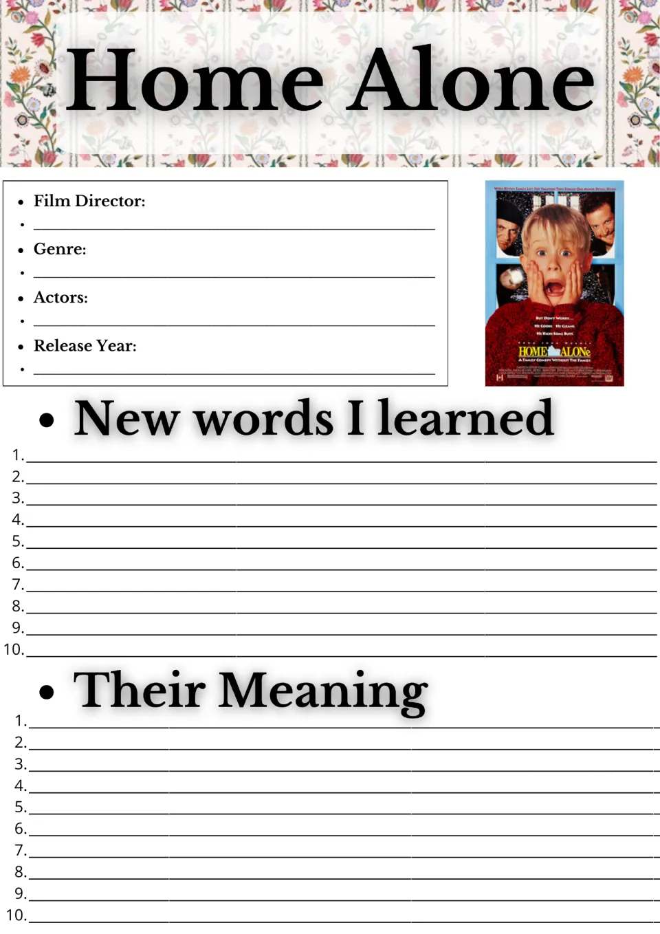 Home Alone film facts: students note director, genre, actors and release year, then list 10 new words and their meanings