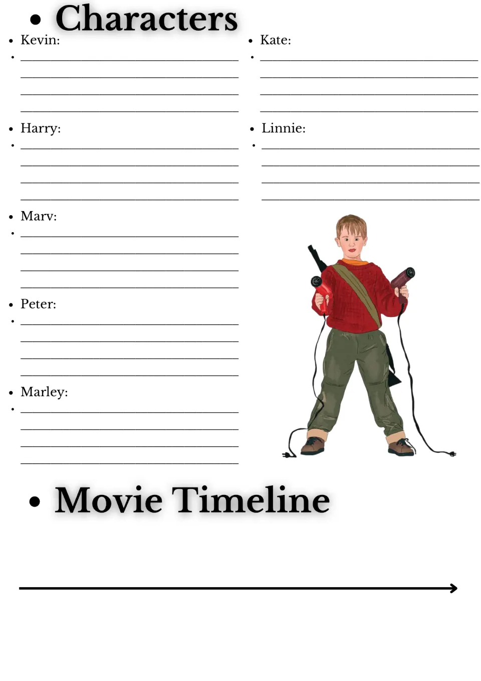 Home Alone characters: students describe Kevin, Kate, Harry, Linnie, Marv, Peter and Marley, then plot a movie timeline