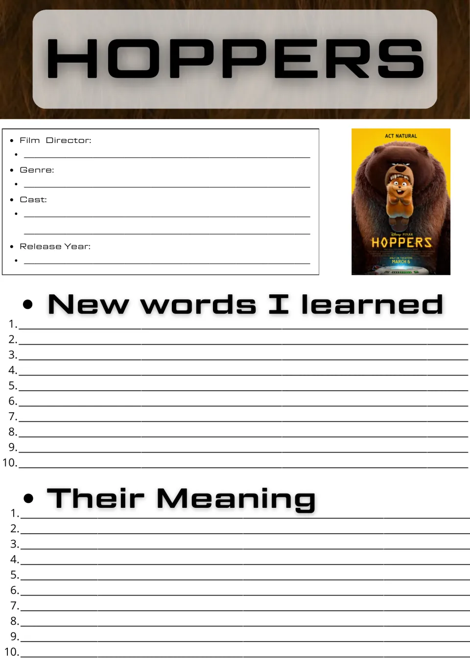 Hoppers film facts and vocabulary: students record director, genre, cast and year, then list 10 new words and meanings