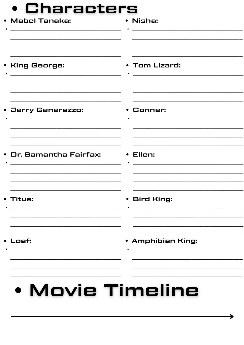 Hoppers character notes: students describe 12 characters such as Mabel Tanaka and King George, then fill a movie timeline