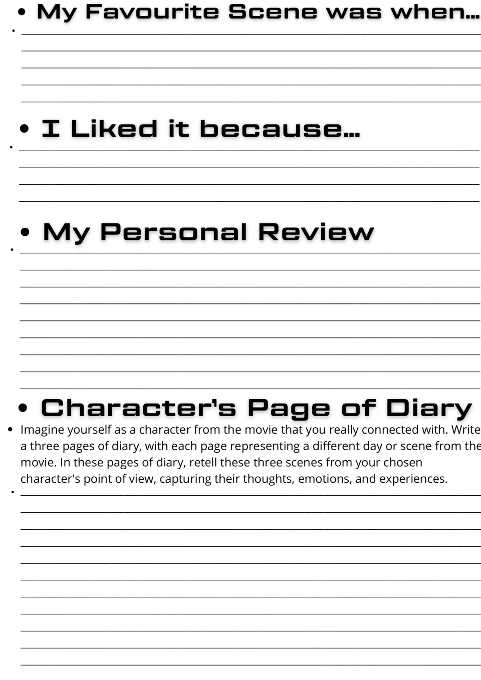 Hoppers reflections: students write a favourite scene, why they liked it, a review and diary entries in a character's voice