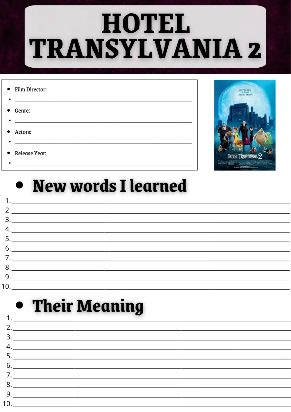Movie guide opening page: film director, genre, actors, release year, and 10 new words with their meanings.