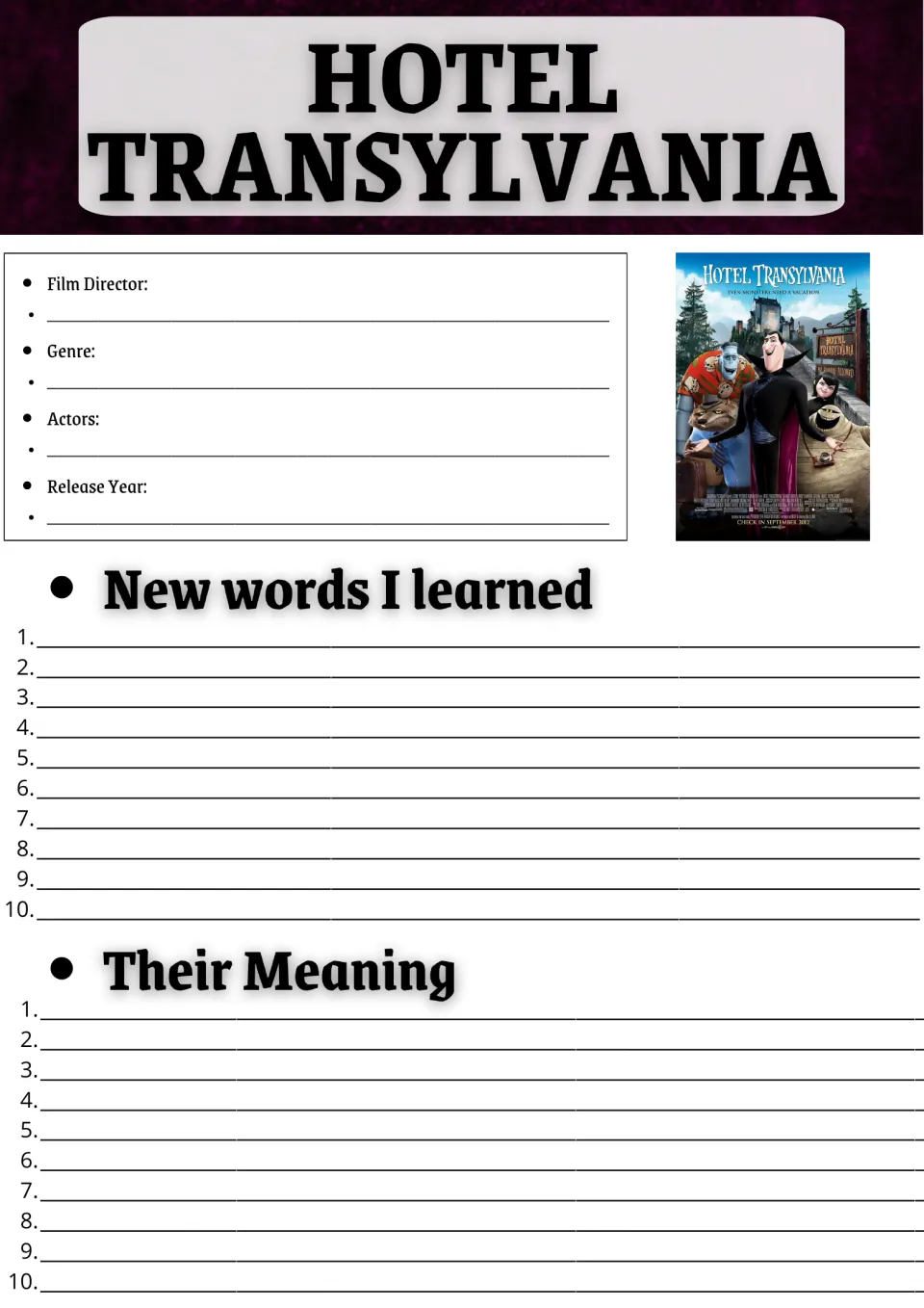 Hotel Transylvania movie guide: students fill in director, genre, actors and year, then list 10 new words and meanings