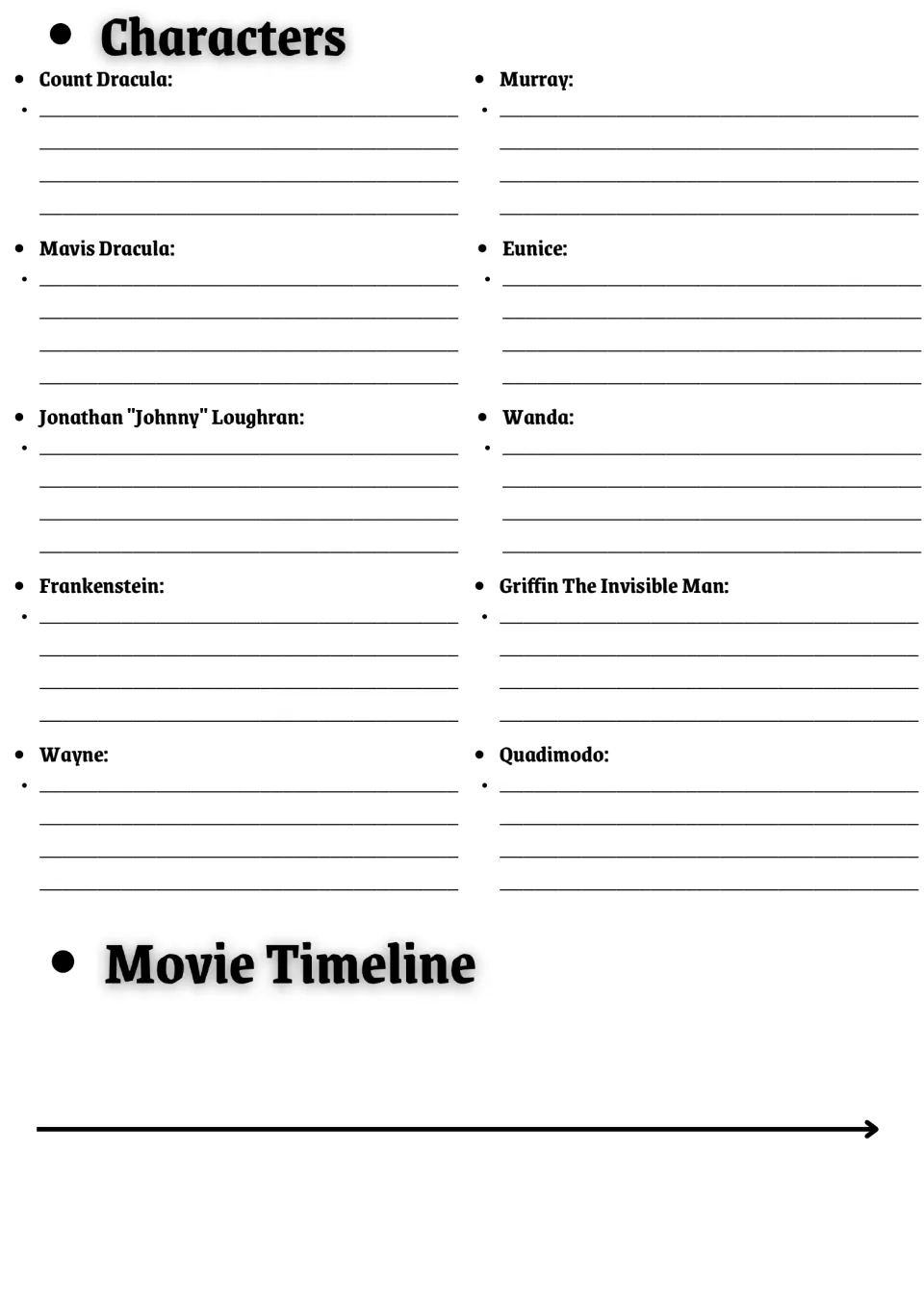 Character notes: students describe Count Dracula, Mavis and 8 other characters, then start a movie timeline