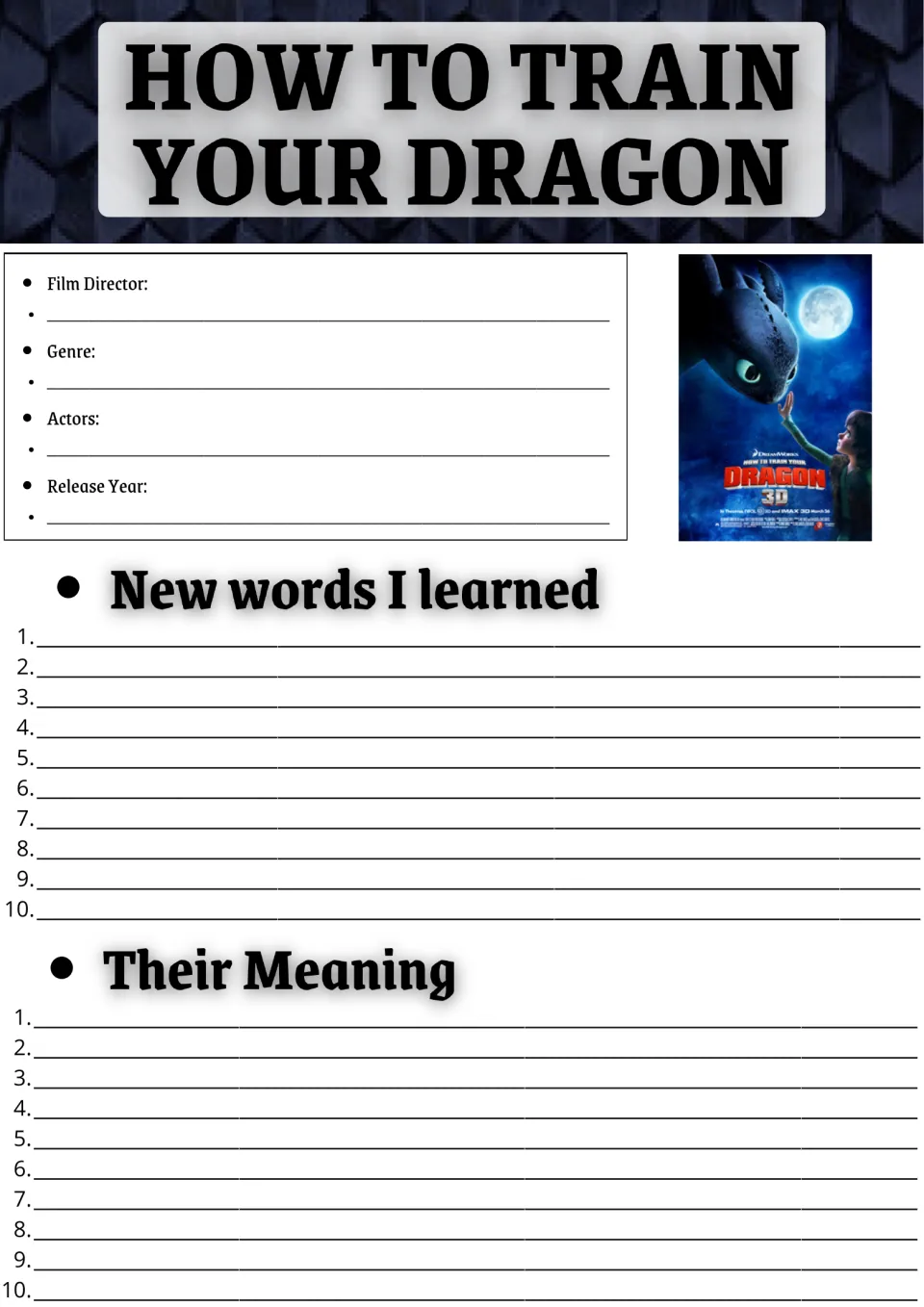 How to Train Your Dragon film facts and vocabulary: students note director, genre, actors, year and 10 new words