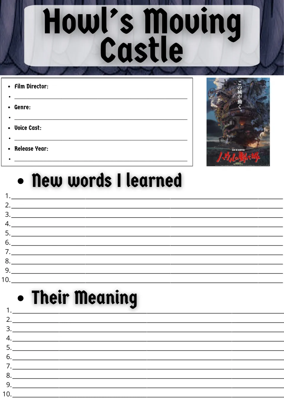 Movie guide opening page: film director, genre, voice cast, release year, and 10 new words with meanings
