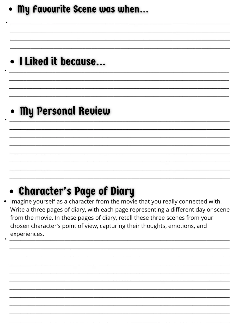 Movie response page: favorite scene, reasons for liking it, personal review, and a three-page character diary