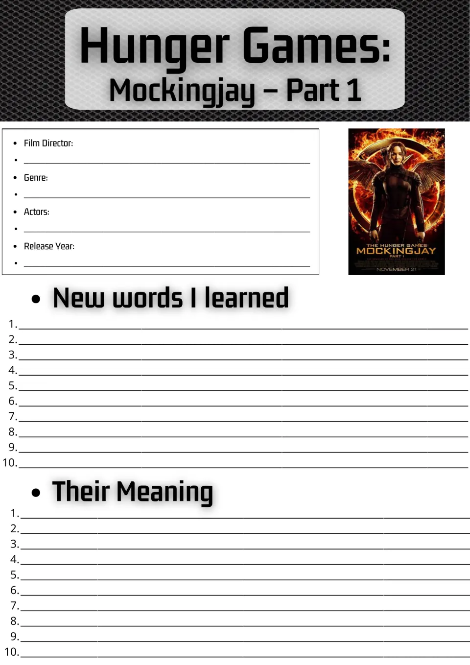 Mockingjay Part 1 film facts: students note director, genre, actors and release year, then list 10 new words and meanings