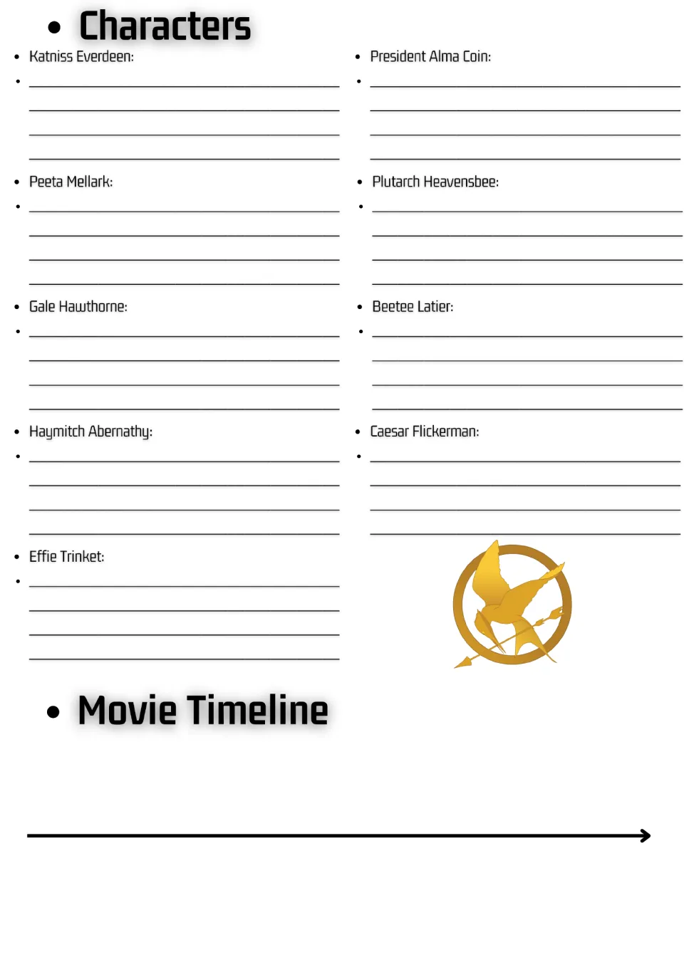 Mockingjay character notes: students describe Katniss, Peeta, Gale, Coin and five others, then plot events on a timeline