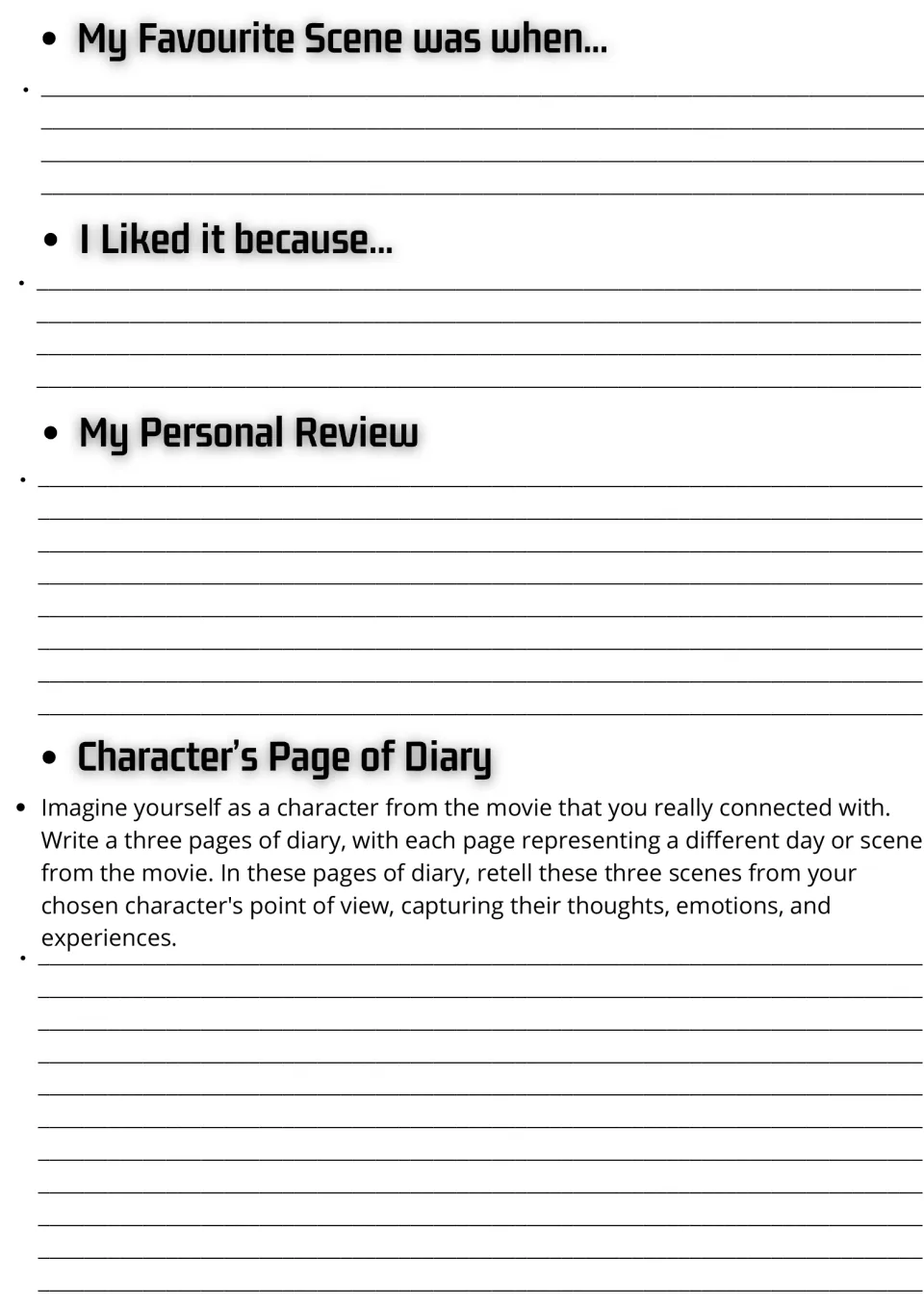 Movie response writing: students describe a favourite scene, explain why, review the film and write a character's diary