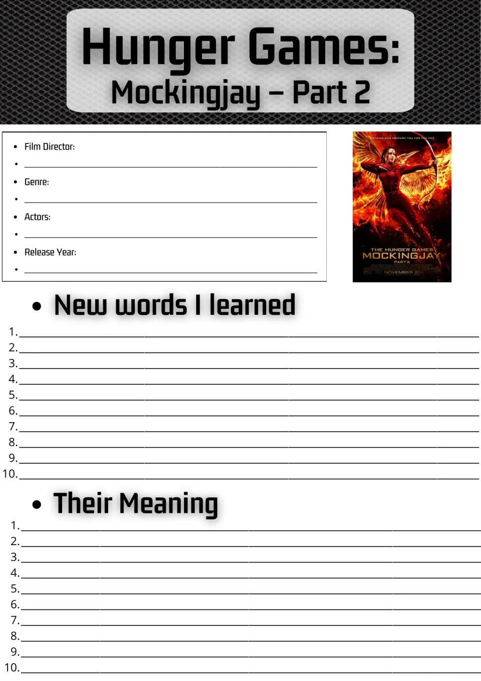 Movie guide page 1: director, genre, actors, release year, and space for 10 new words and their meanings.