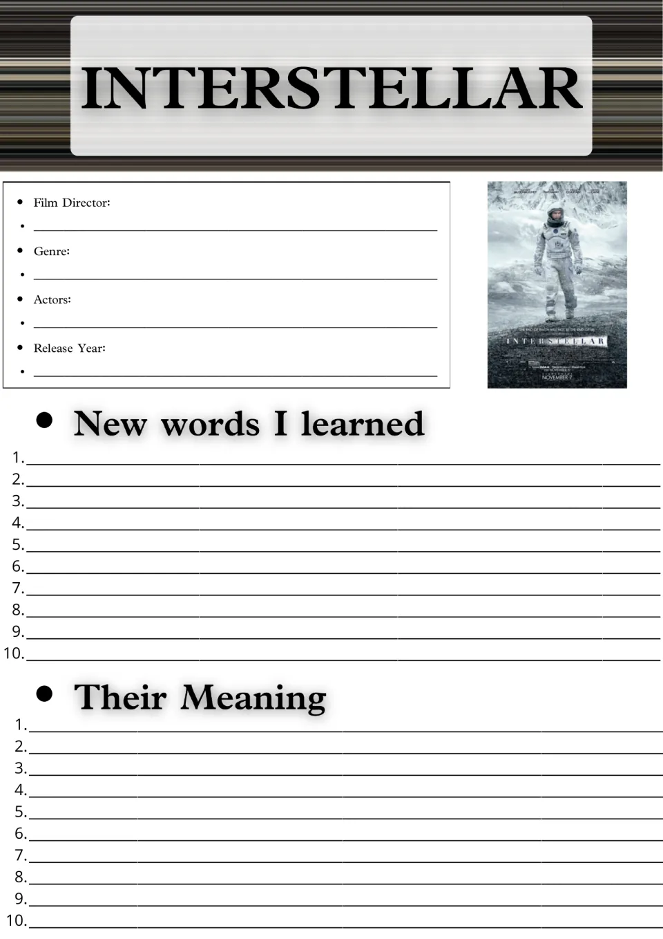 Interstellar film facts and vocabulary: students note director, genre, actors, year, then list 10 new words and meanings
