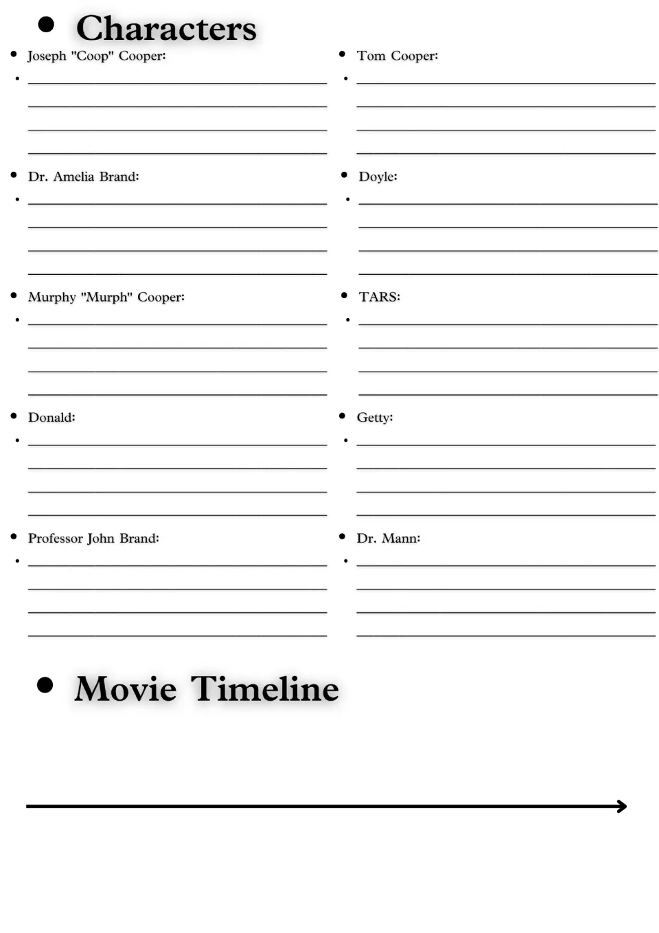 Movie characters: students describe Cooper, Amelia Brand, Murph, TARS, Dr. Mann and others, then sketch a plot timeline