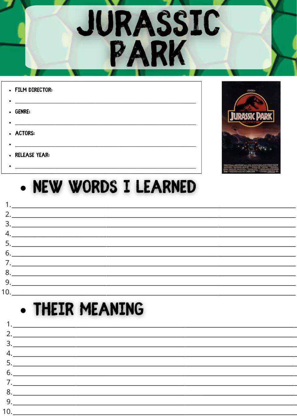 Jurassic Park film facts: students note director, genre, actors and release year, then list 10 new words and their meanings