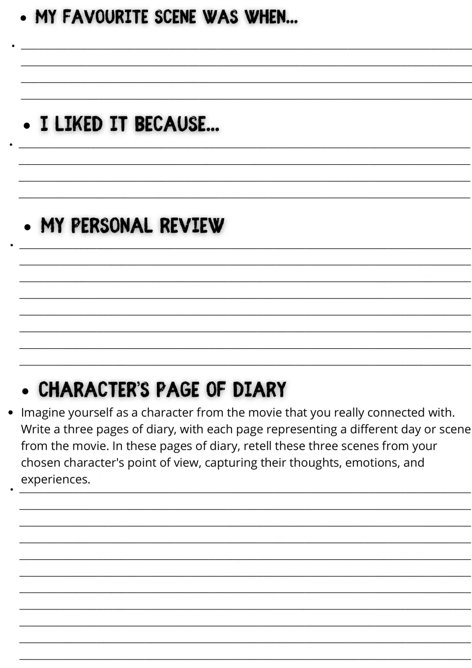 Film response writing: students describe a favourite scene, write a personal review and a character's diary entries