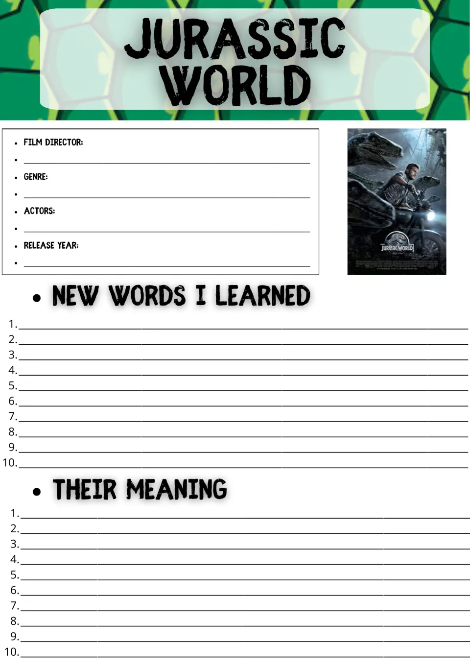 Movie guide opening activities: director, genre, actors, release year, and 10 new words with their meanings.