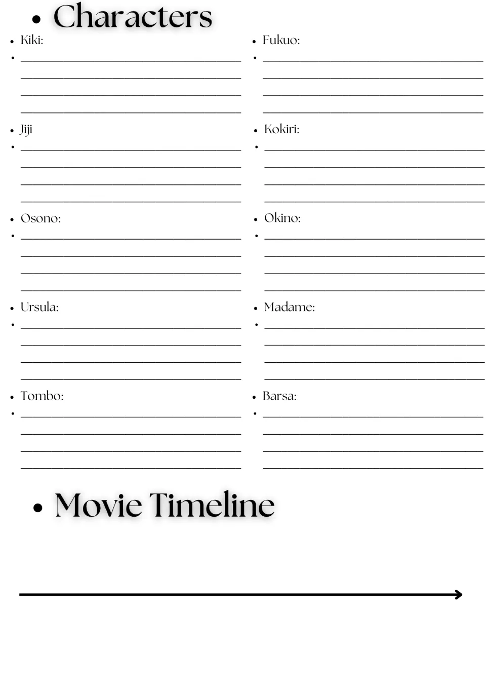 Character notes on Kiki, Jiji, Tombo, Osono, Ursula and five others, plus a blank Movie Timeline for sequencing plot events