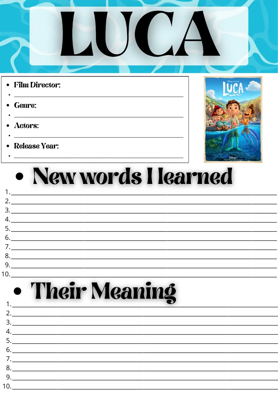 Luca film facts: students record director, genre, actors and release year, then list 10 new words and their meanings