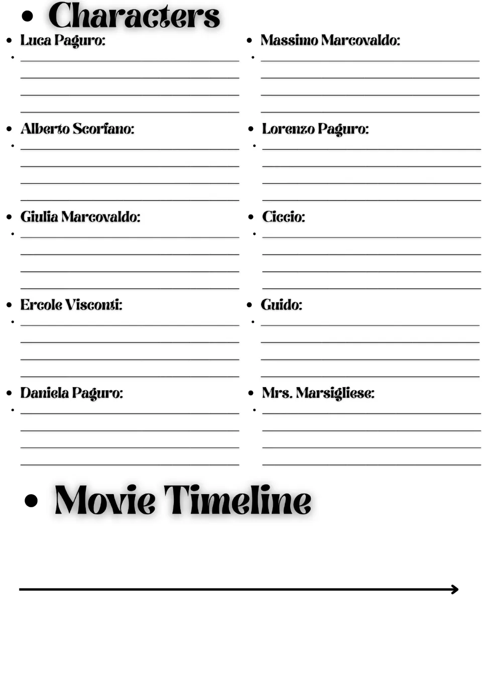 Luca characters: students write notes on 10 characters such as Luca, Alberto and Giulia, then plot events on a timeline