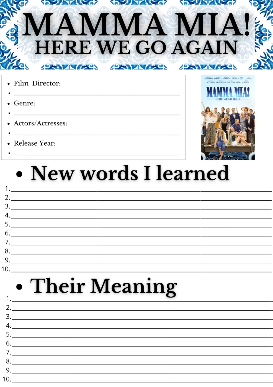 Mamma Mia! Here We Go Again film facts: students record director, genre, cast and year, then 10 new words with meanings