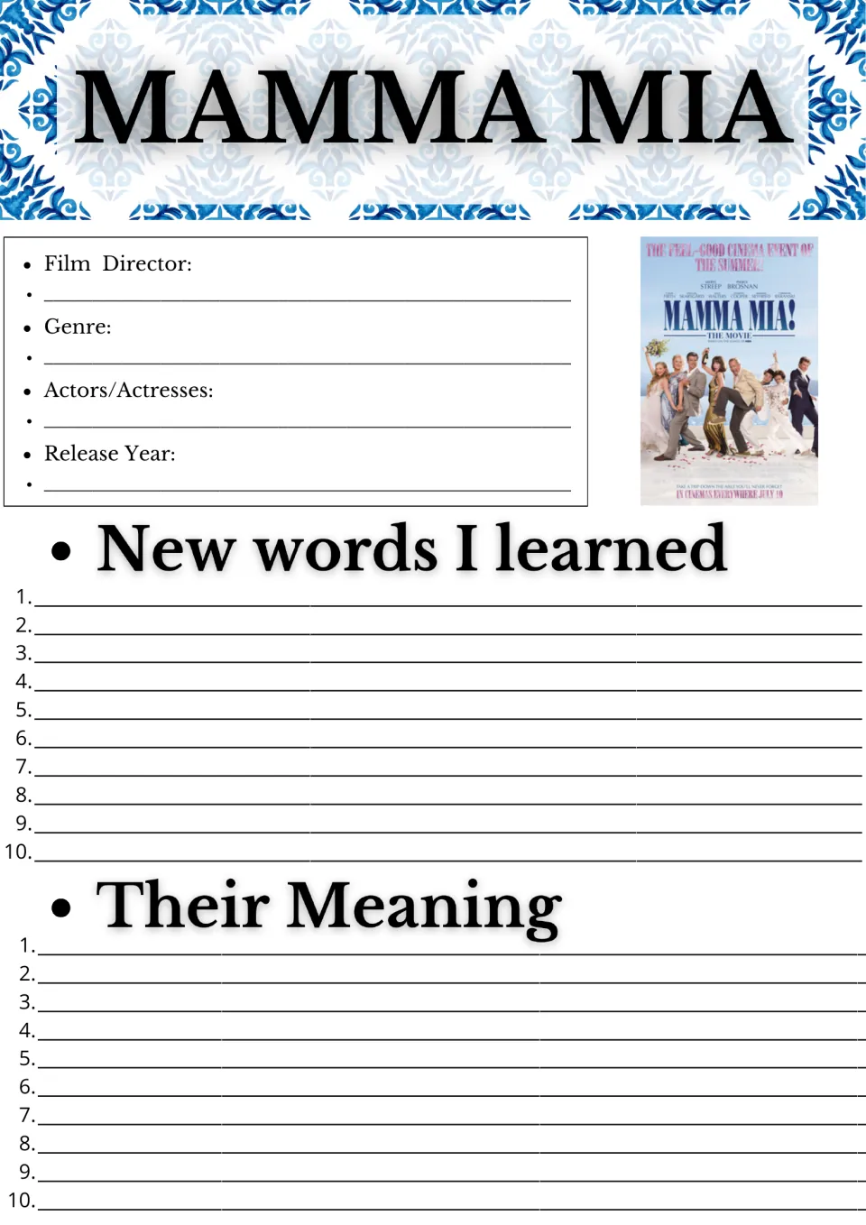 Mamma Mia movie guide: students record director, genre, cast and year, then list 10 new words and their meanings