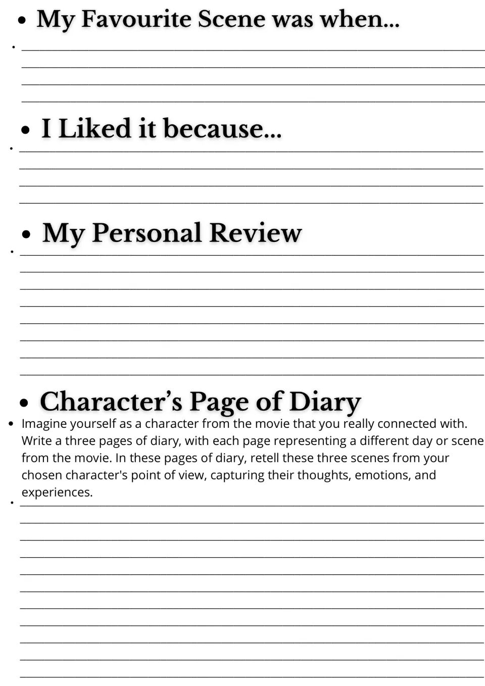 Movie response: students finish scene prompts, write a personal review and a diary entry as a movie character