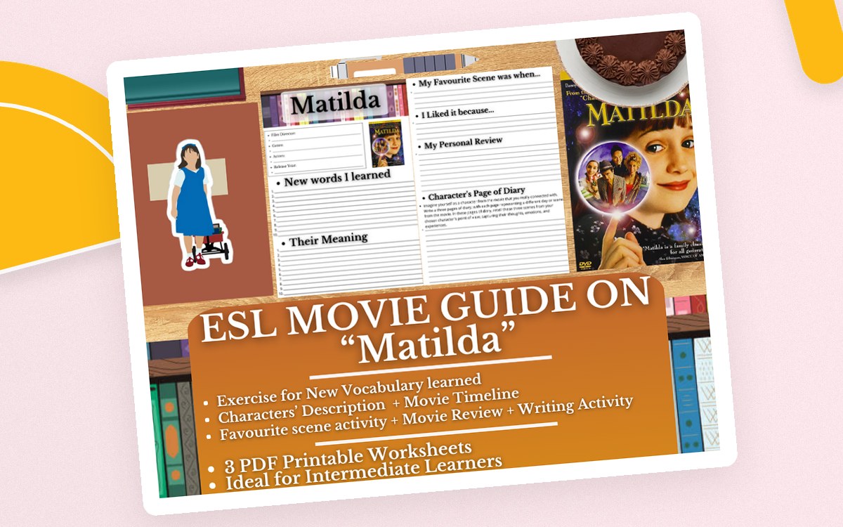 Matilda ESL movie-guide cover with character, film-information, and writing worksheet previews.