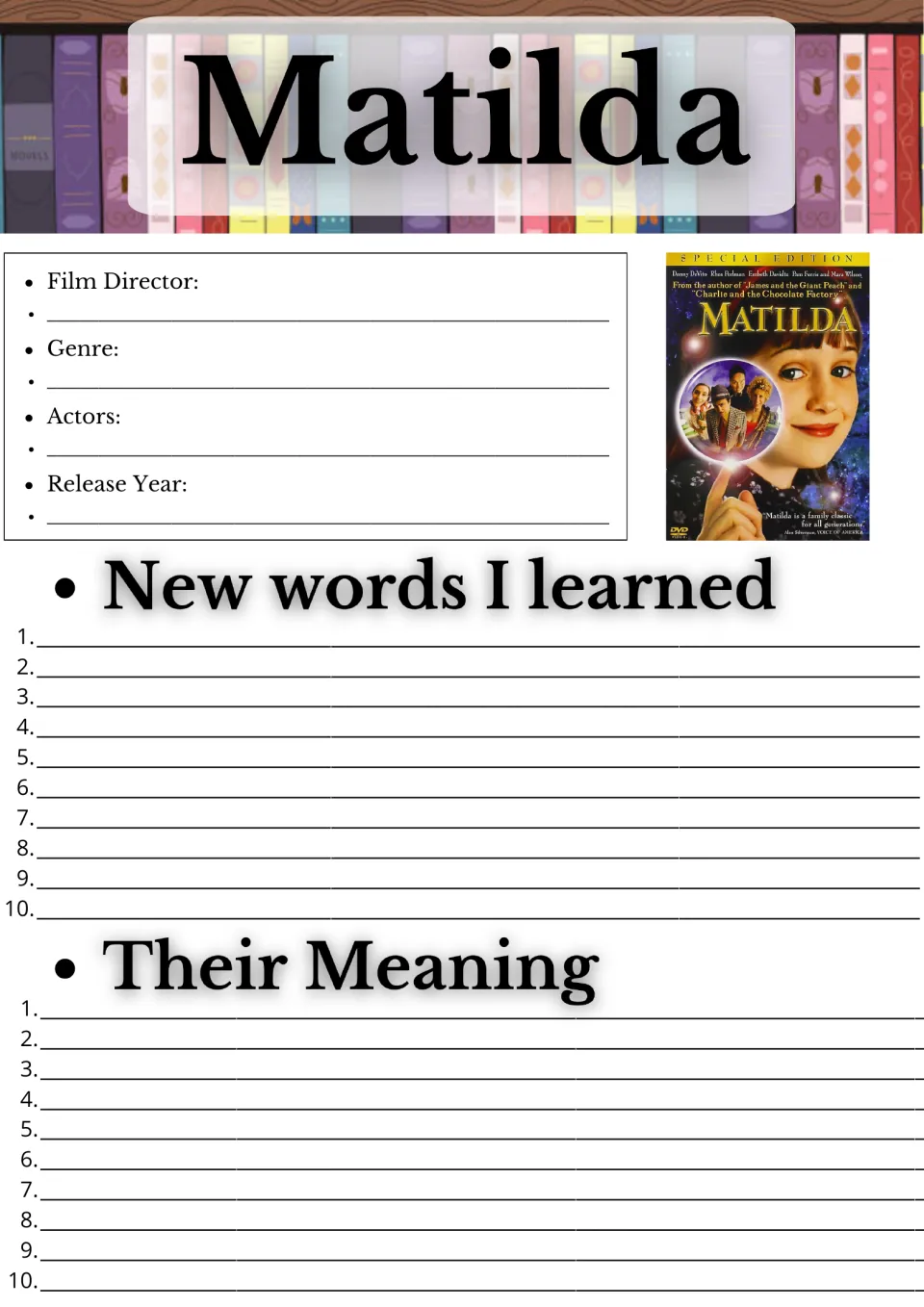 Matilda film facts and vocabulary: students note director, genre, cast and release year, then list 10 new words and meanings