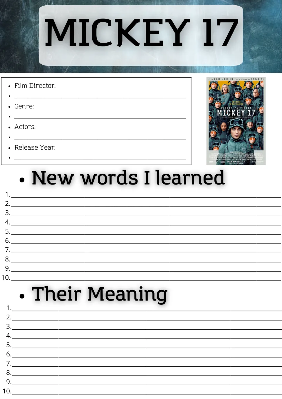 Movie guide opening page: film director, genre, actors, release year, and 10 new words with their meanings.