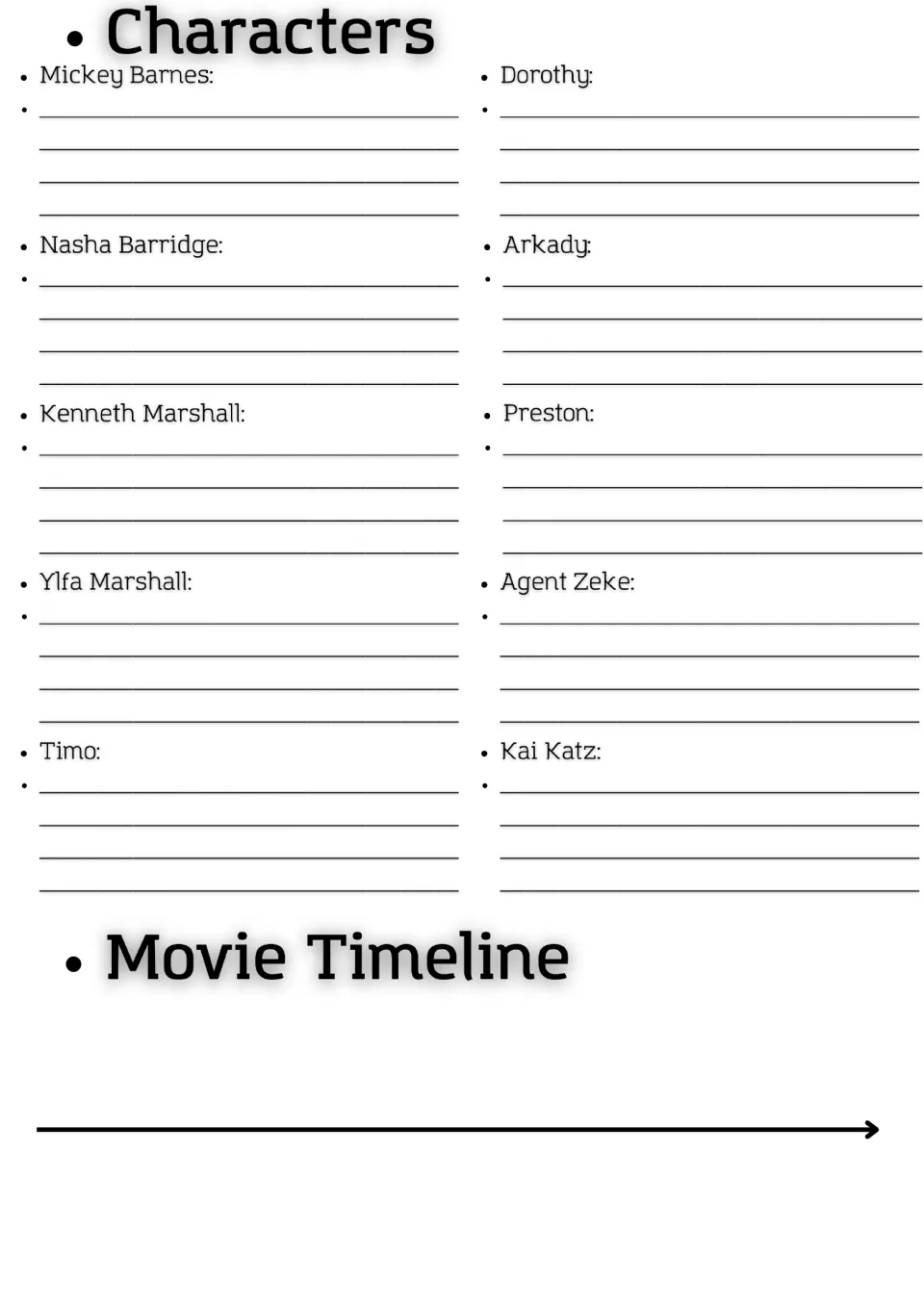 Movie guide character page: notes on Mickey Barnes, Nasha Barridge and eight others, plus a movie timeline.