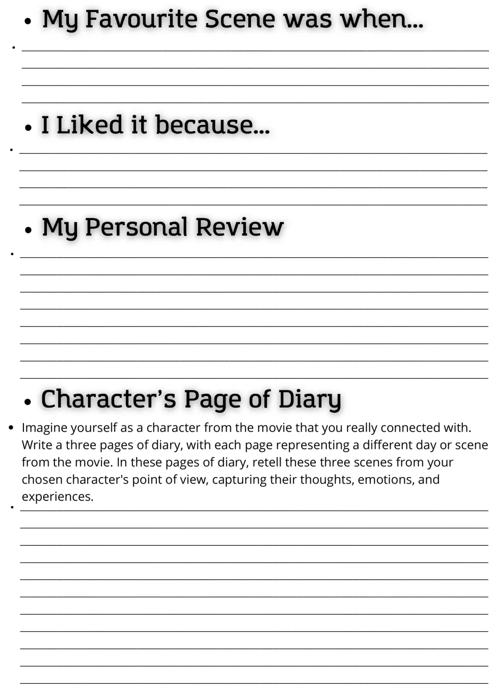 Movie guide response page: favorite scene and reasons, personal review, and a prompt for three diary pages.