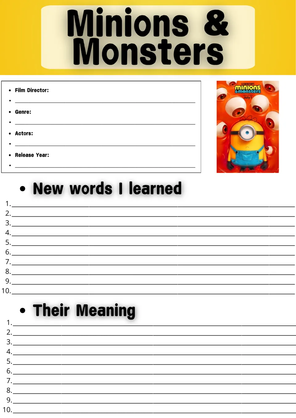 Minions & Monsters film facts: students record director, genre, actors and year, then list 10 new words with meanings