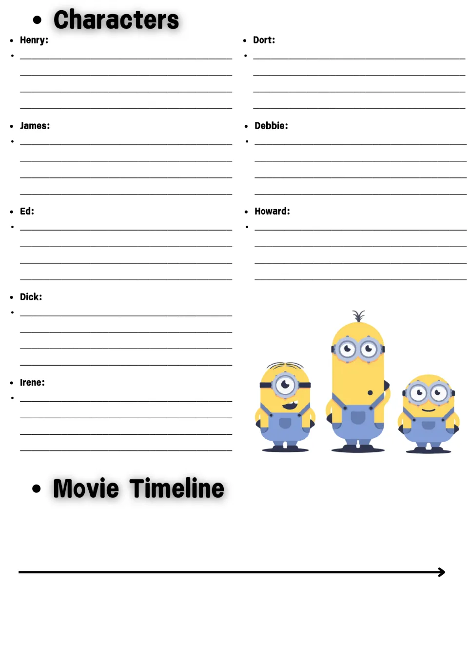 Movie character notes: students write about Henry, Dort, James, Debbie, Ed, Howard, Dick and Irene, then sequence events