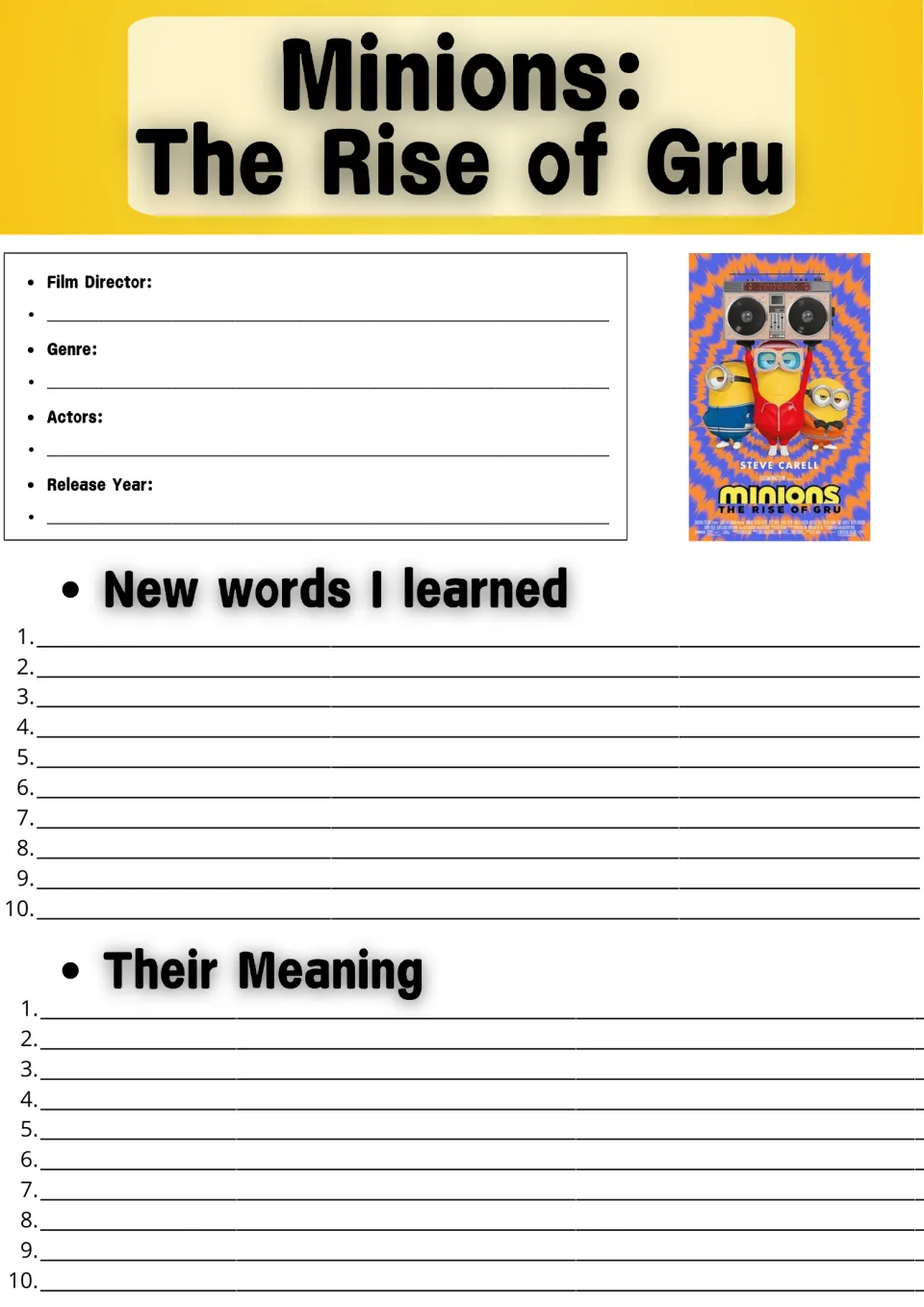 Minions film facts (director, genre, actors, release year), then students list 10 new words they learned and their meanings