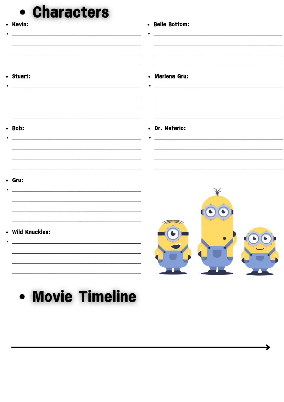 Minions character notes: students describe Kevin, Stuart, Bob, Gru, Wild Knuckles and 3 others, then fill a movie timeline