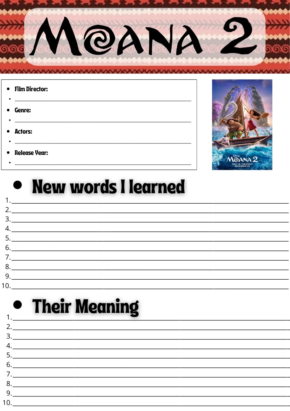 Moana 2 film facts and vocabulary: students note director, genre, actors, release year, then 10 new words and their meanings