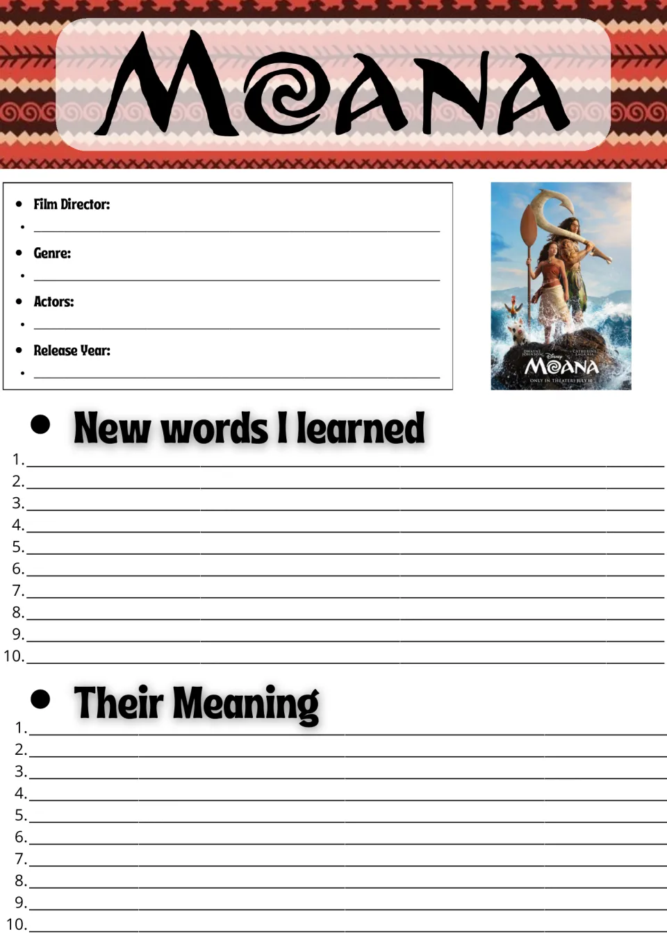 Moana film facts and vocabulary: students note director, genre, actors, release year, then list 10 new words and meanings