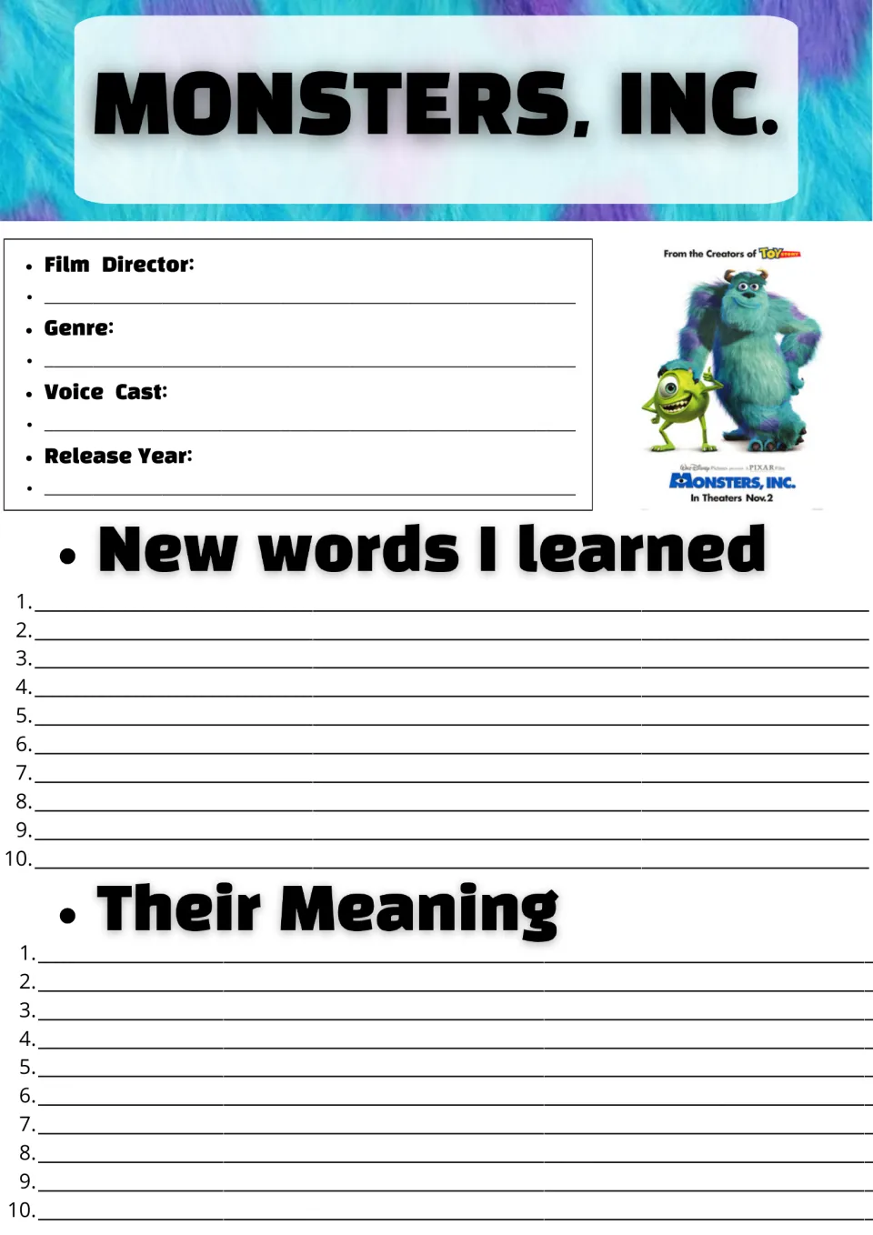 Monsters, Inc. film facts and vocabulary: students note director, genre, cast and year, then list 10 new words and meanings