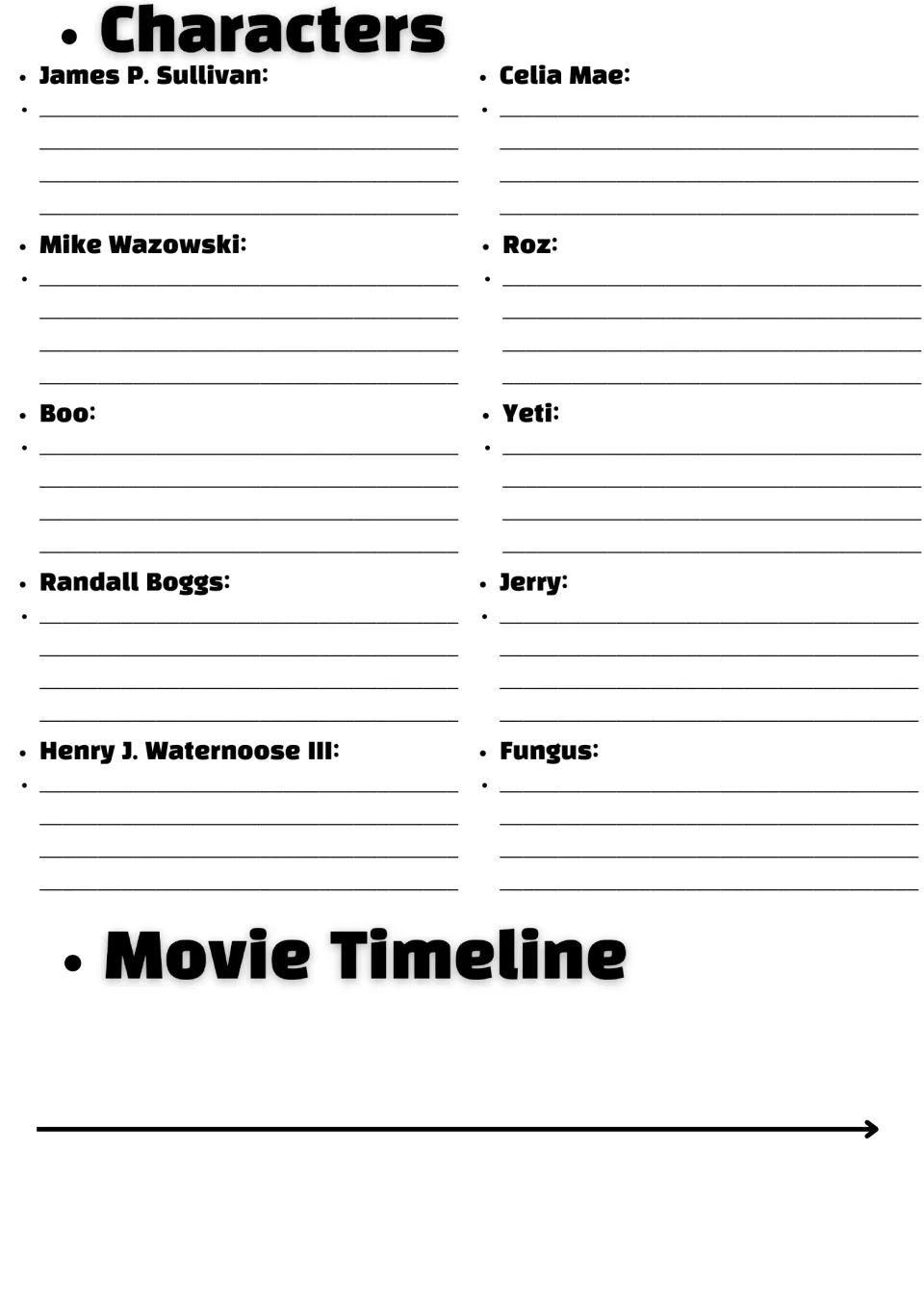 Character notes: students describe Sullivan, Mike, Boo, Randall and 6 others, then sequence events on a movie timeline