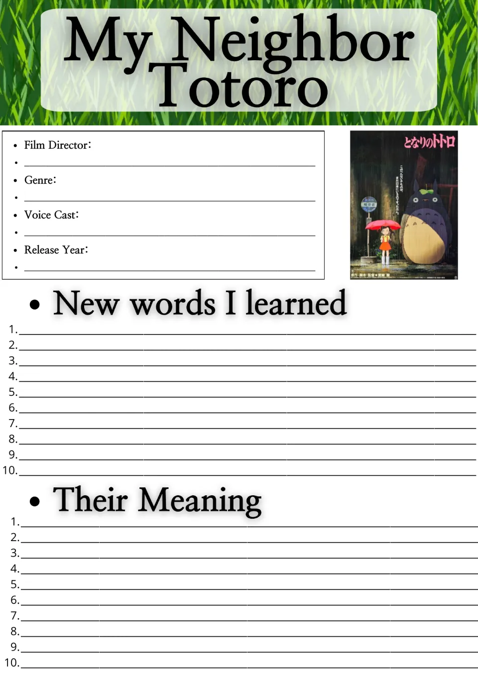Totoro film facts and vocabulary: students record director, genre, cast and year, then list 10 new words with meanings