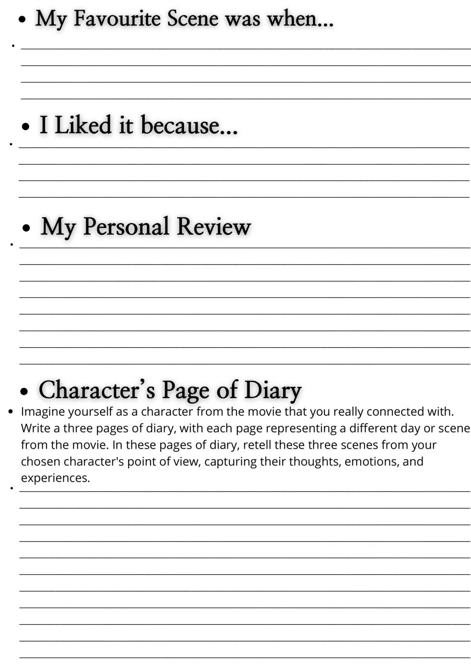 Movie response writing: students describe a favourite scene, give reasons and a review, then write a character's diary