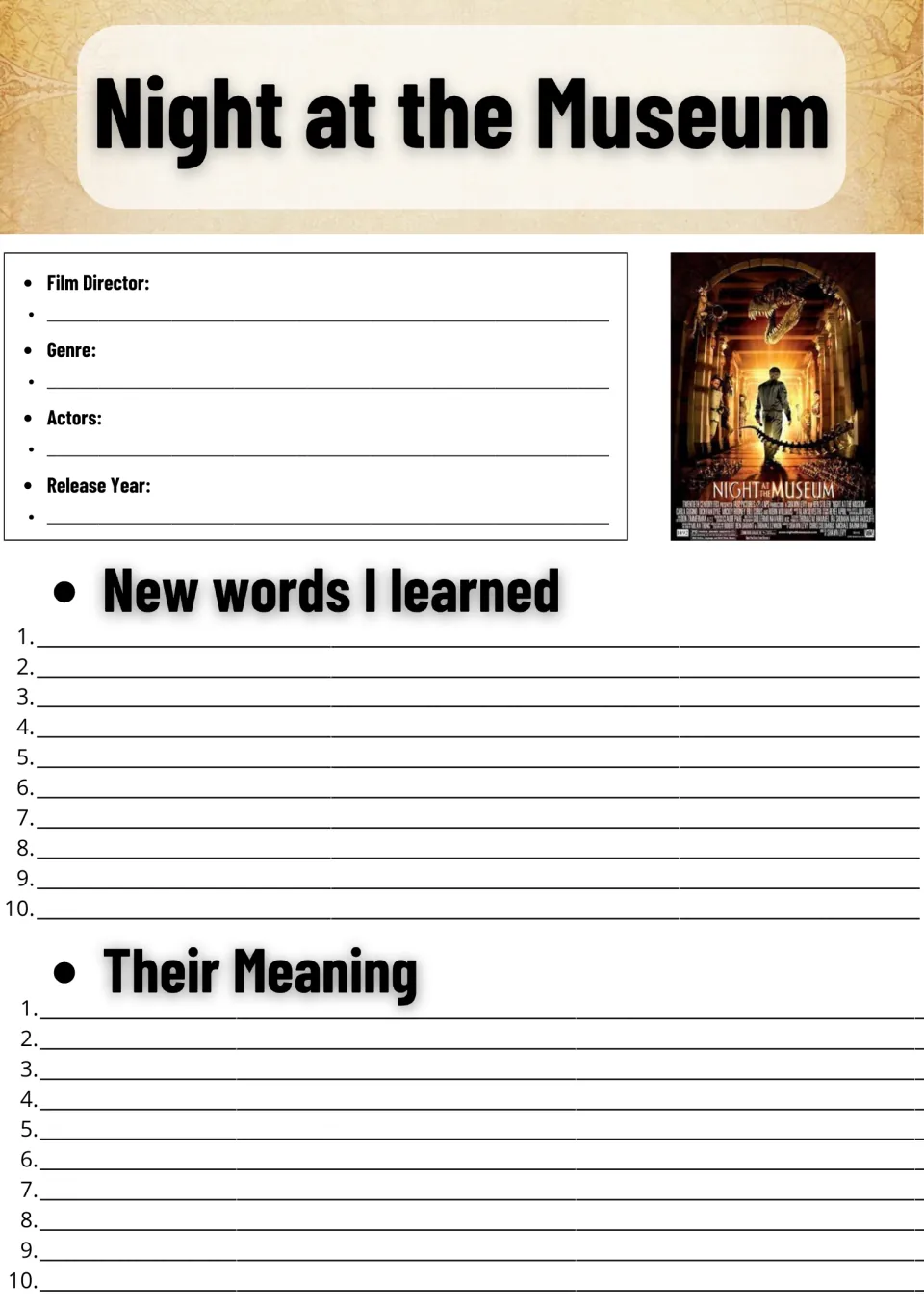 Night at the Museum film facts: students note director, genre, actors and release year, then list 10 new words and meanings