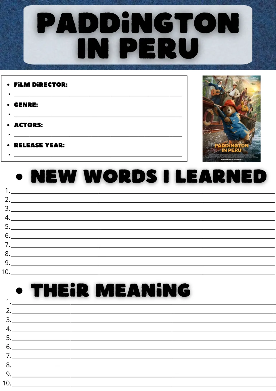 Paddington in Peru film facts and vocabulary: students note director, genre, actors and year, then define 10 new words