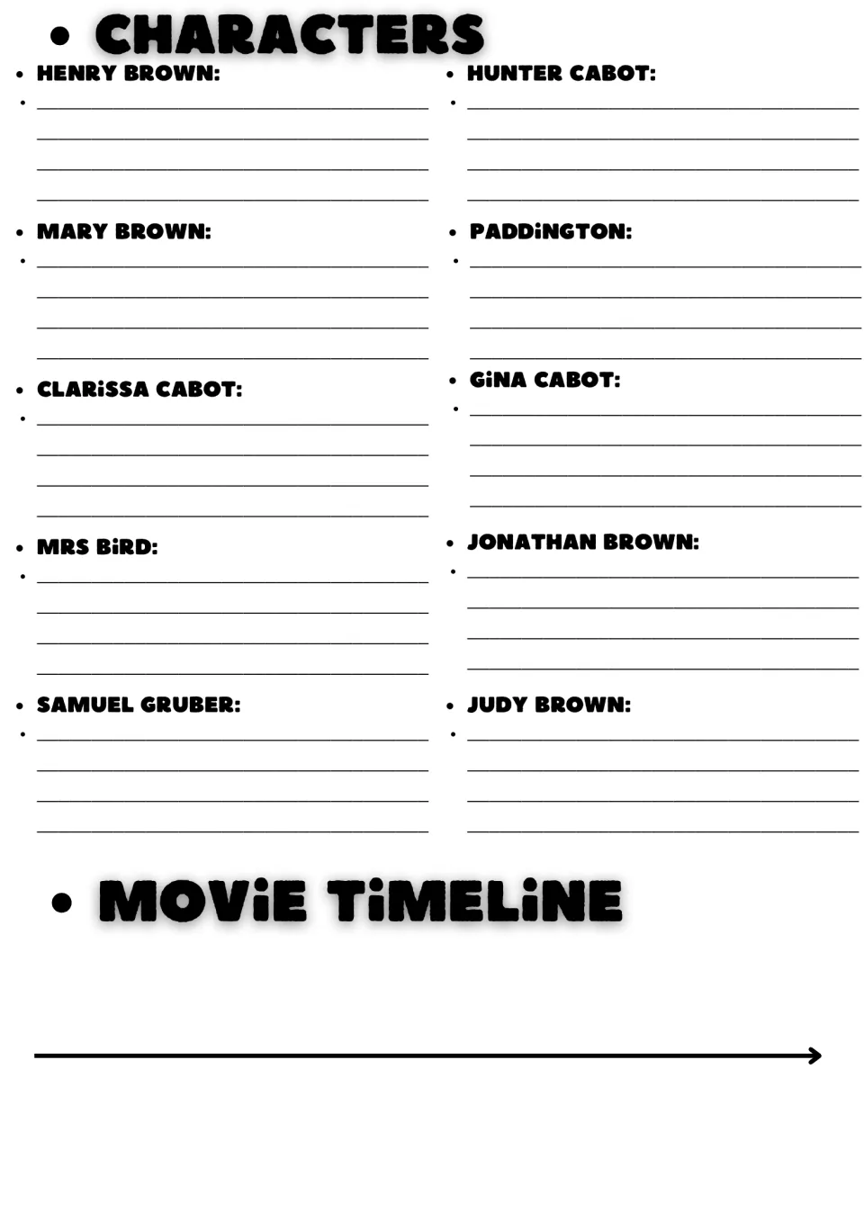 Characters and movie timeline: students describe 12 characters, such as Mrs Bird and Hunter Cabot, then sequence events