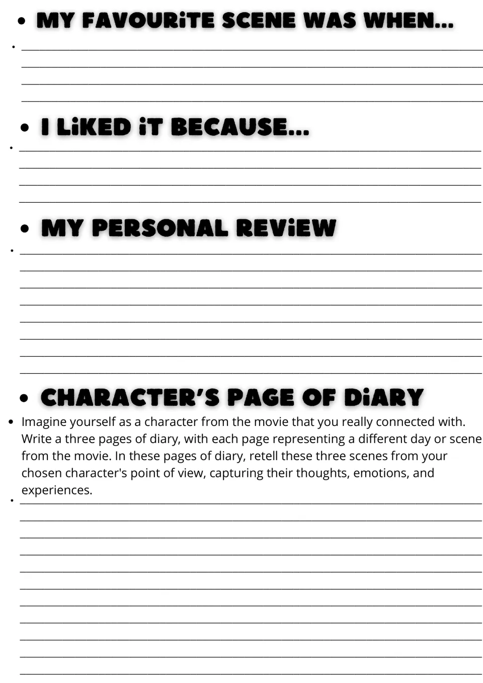 Film response writing: students recall a favourite scene, explain why, write a review and a diary from a character's view