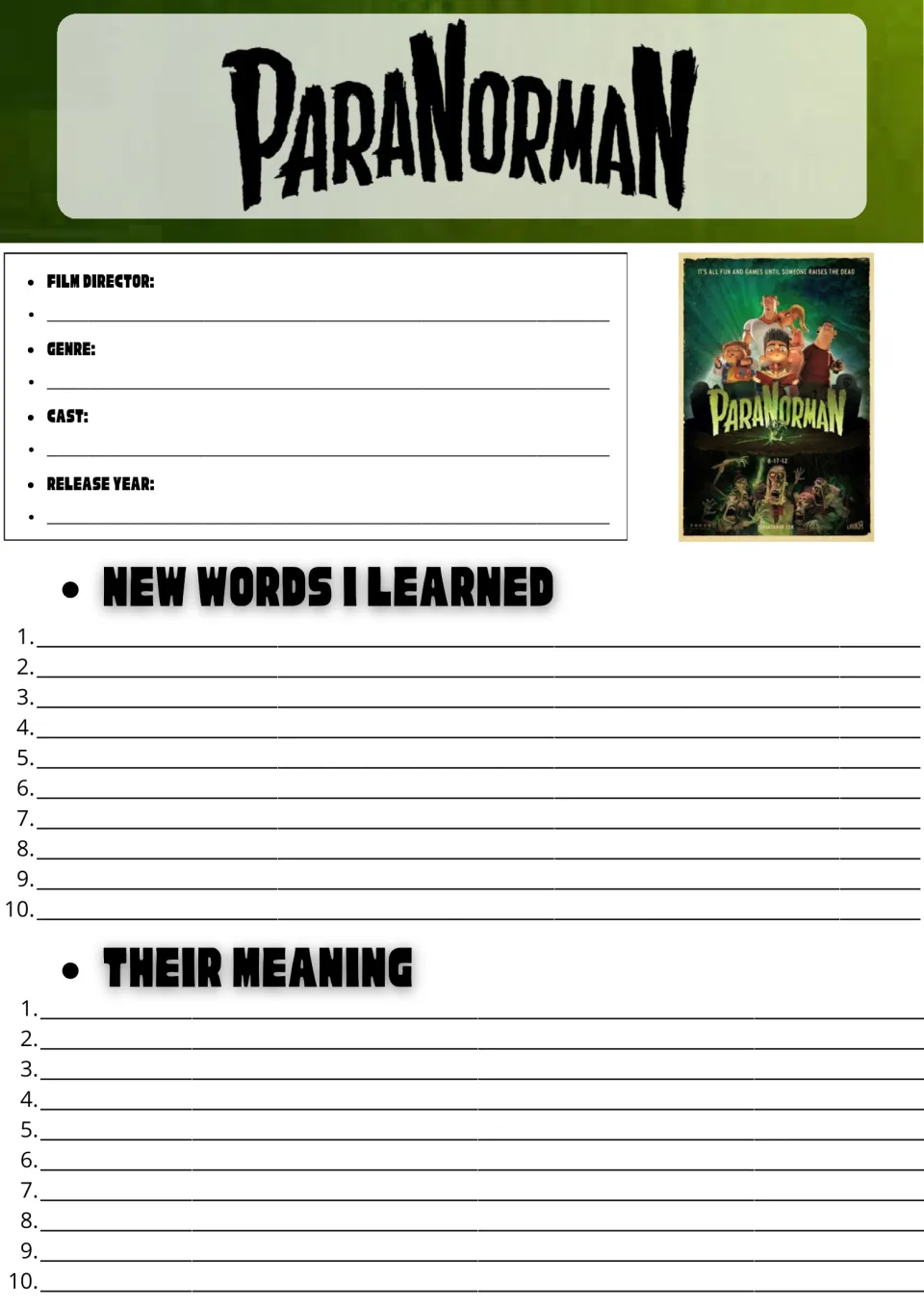 ParaNorman movie facts and vocabulary: students fill in director, genre, cast, year and list 10 new words with meanings