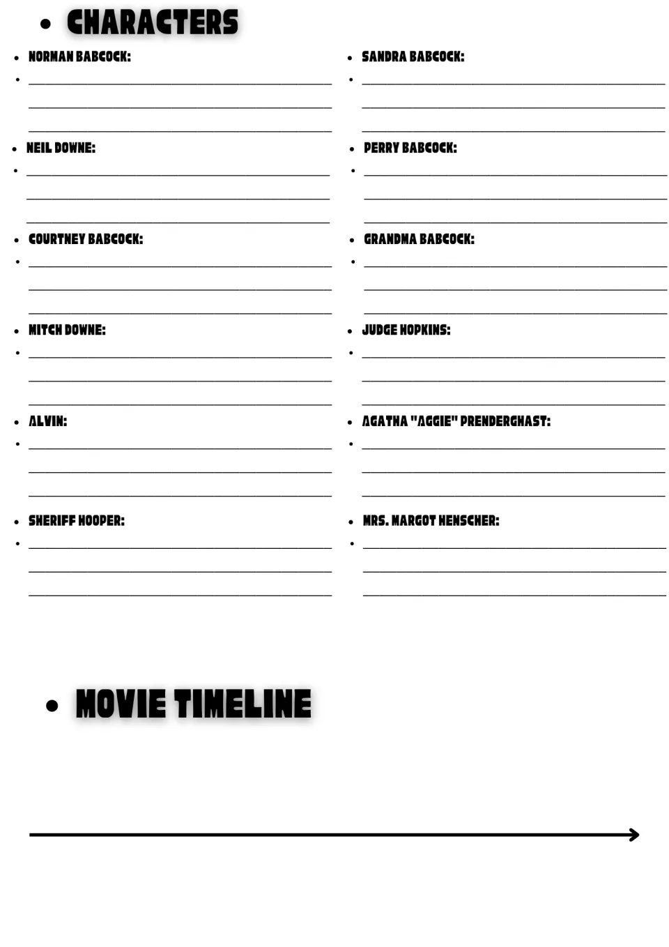 Character notes and sequencing: students write about 12 named characters, then mark events on a Movie Timeline arrow